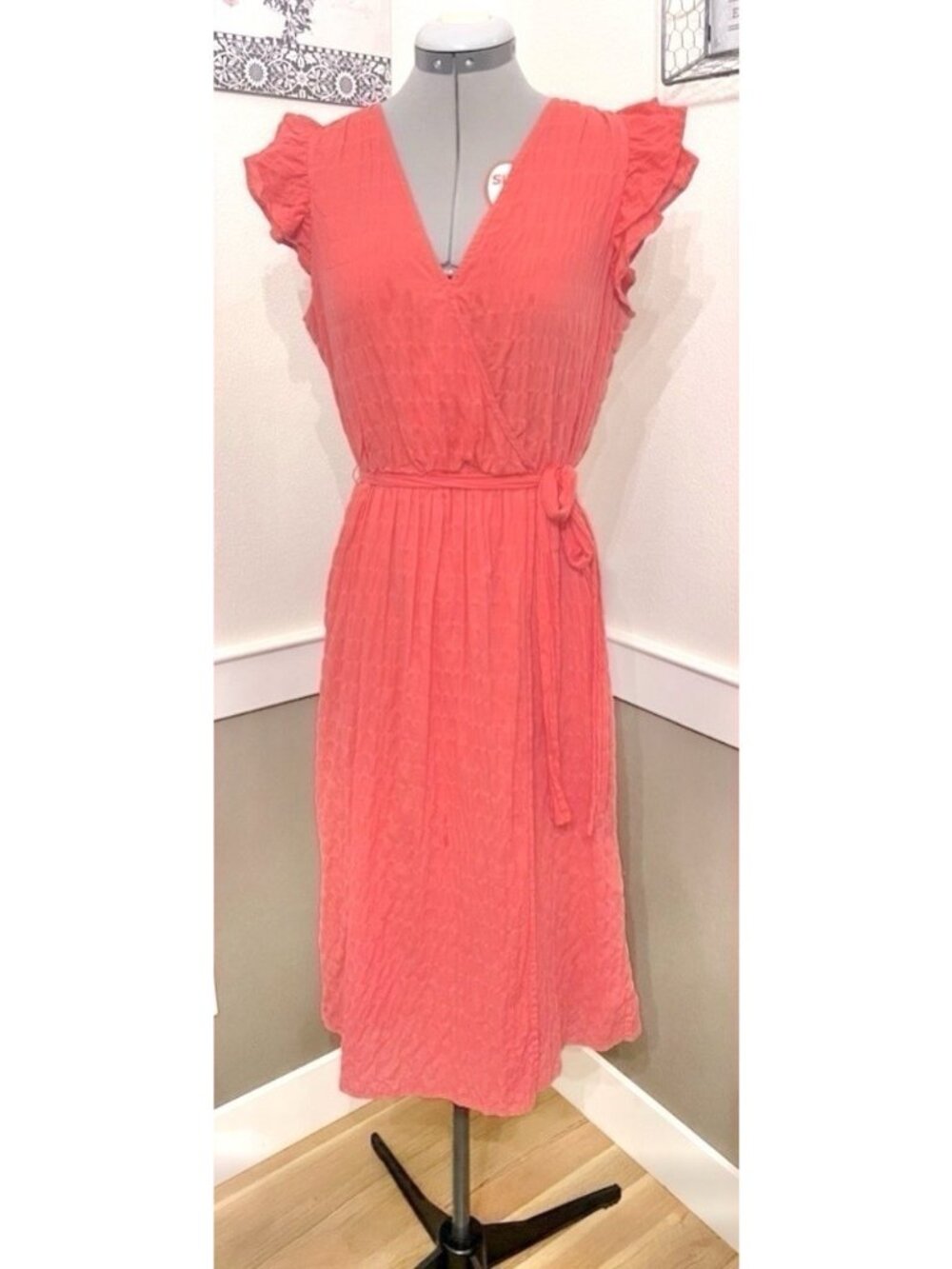 A New Day Womens Ruffle Short Sleeve Faux Wrap Dress Coral Midi Pockets Small S